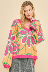 Outfit Flow - Davi & Dani Floral Contrast V-Neck Dropped Shoulder Sweater