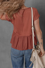 Short Sleeve U Neck Buttons Splicing Ruffle Blouse OutfitFlow