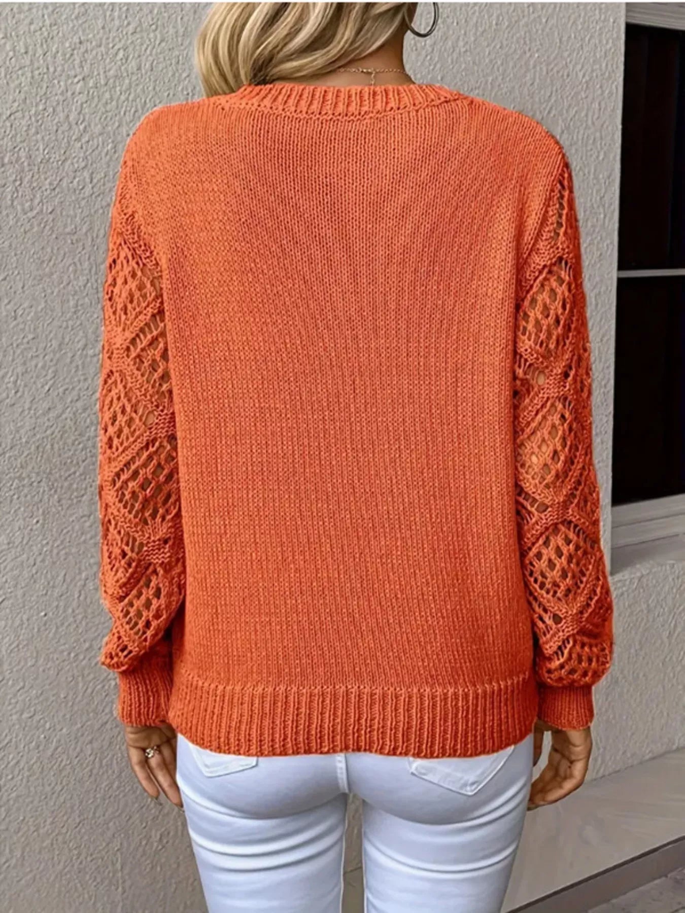 Openwork V-Neck Long Sleeve Sweater OutfitFlow
