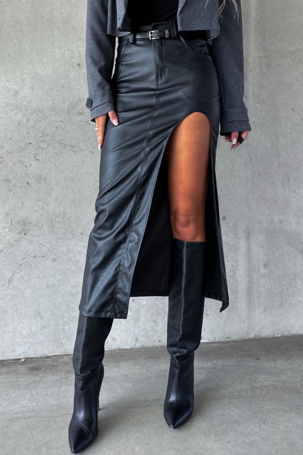 Slit Midi Skirt with Pockets