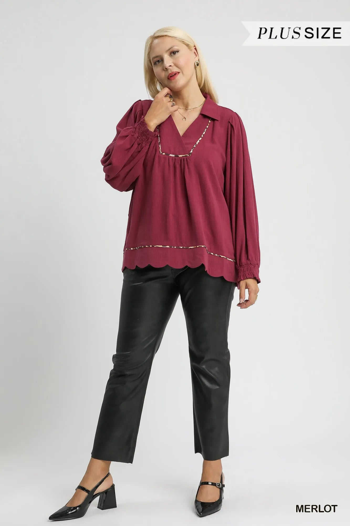 Umgee Full Size Linen Scallop Hem Blouse with Contrast Trim Plus Size Trendsi