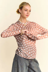 Davi & Dani Checker Board Mesh Long Sleeve Layering Top OutfitFlow