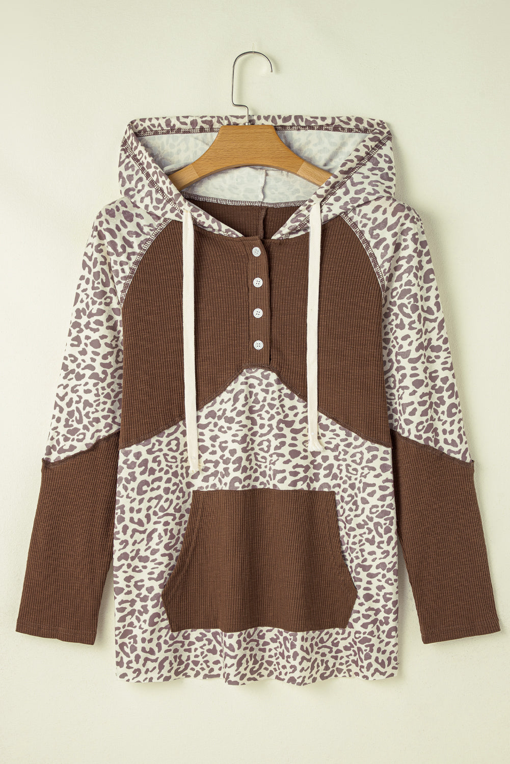 Outfit Flow - Leopard Ribbed Patchwork Drawstring Hoodie