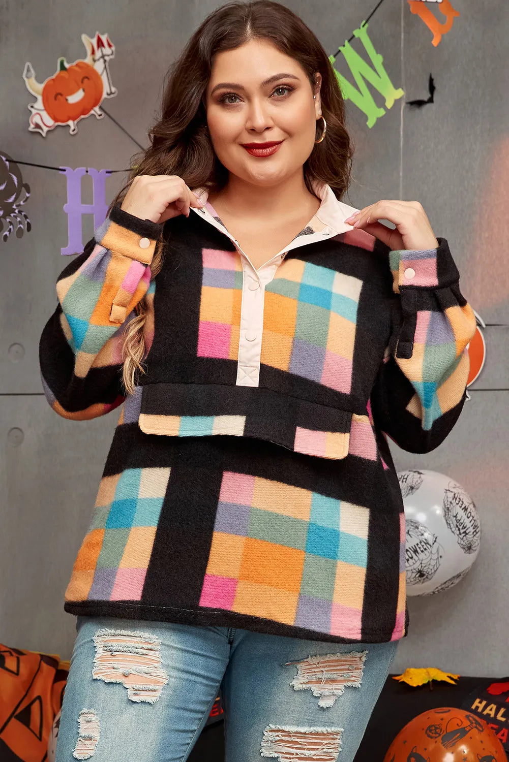 Outfit Flow - Plus Size Color Block Half Snap Long Sleeve Sweatshirt