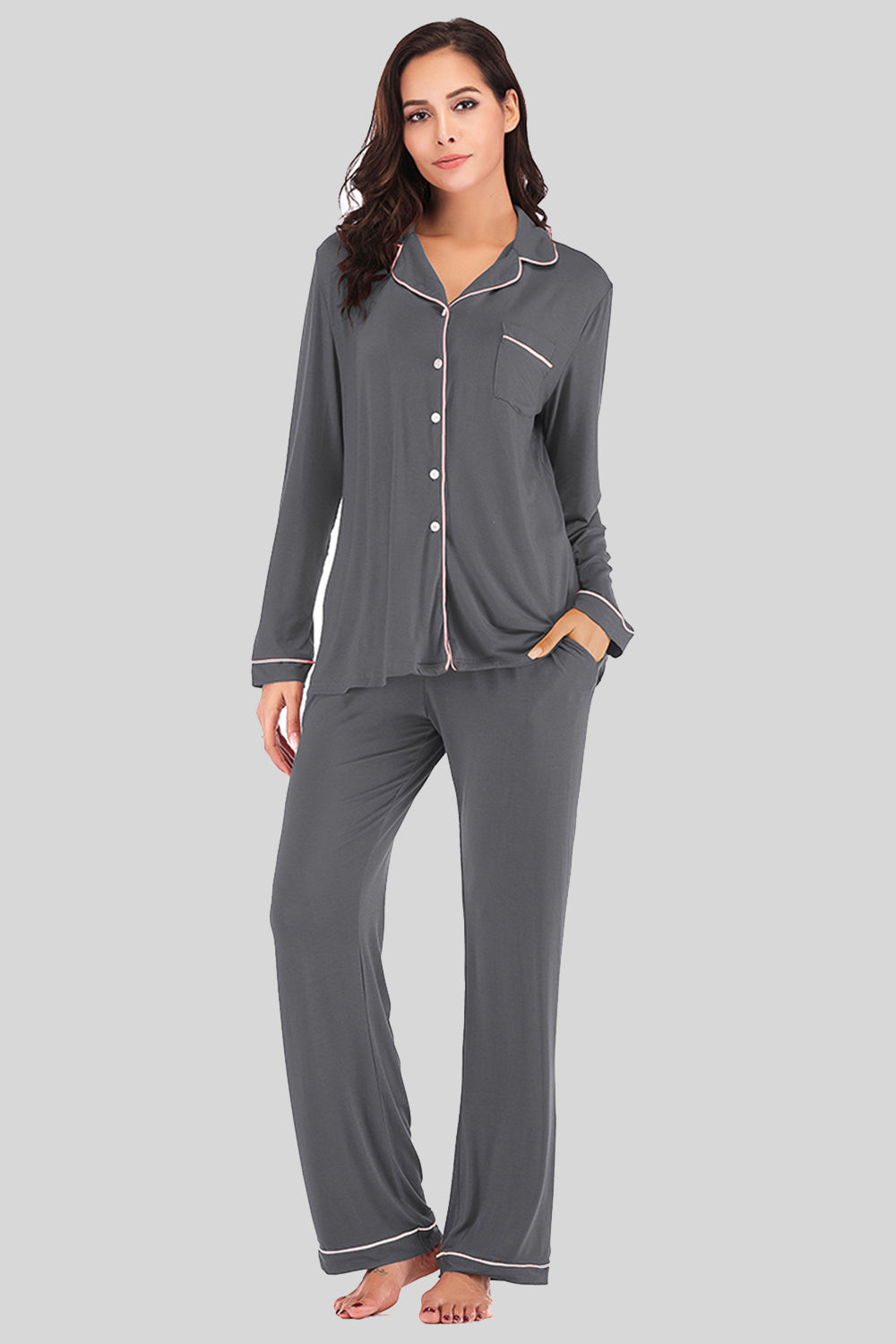 Outfit Flow - Collared Neck Long Sleeve Loungewear Set with Pockets