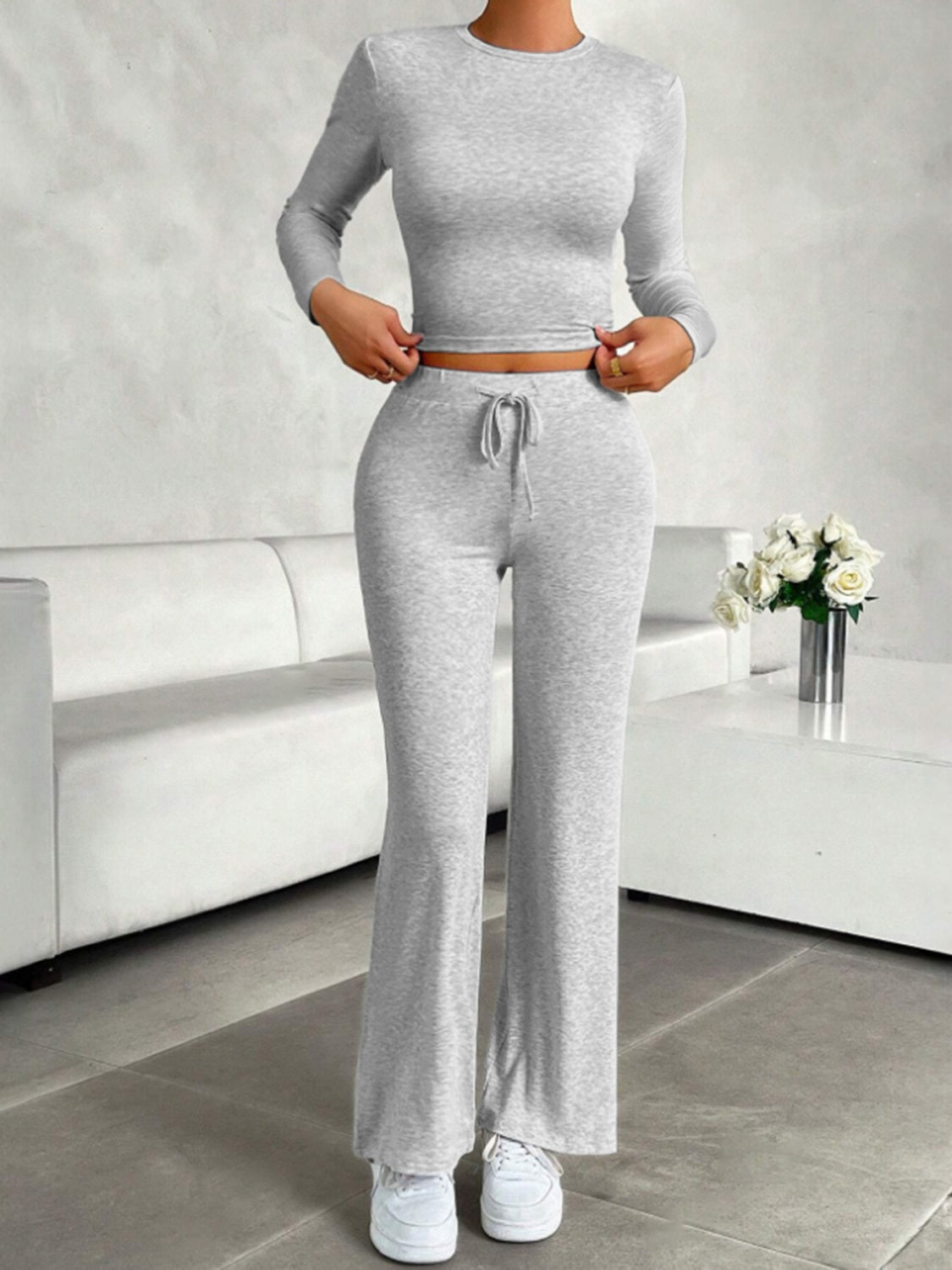 Outfit Flow - Round Neck Long Sleeve Top and Drawstring Pants Set