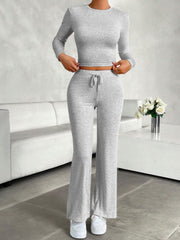 Outfit Flow - Round Neck Long Sleeve Top and Drawstring Pants Set