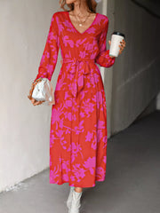 Printed V-Neck Balloon Sleeve Dress OutfitFlow