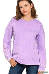 Zenana Acid Wash French Terry Exposed-Seam Pullover LAVENDER OutfitFlow