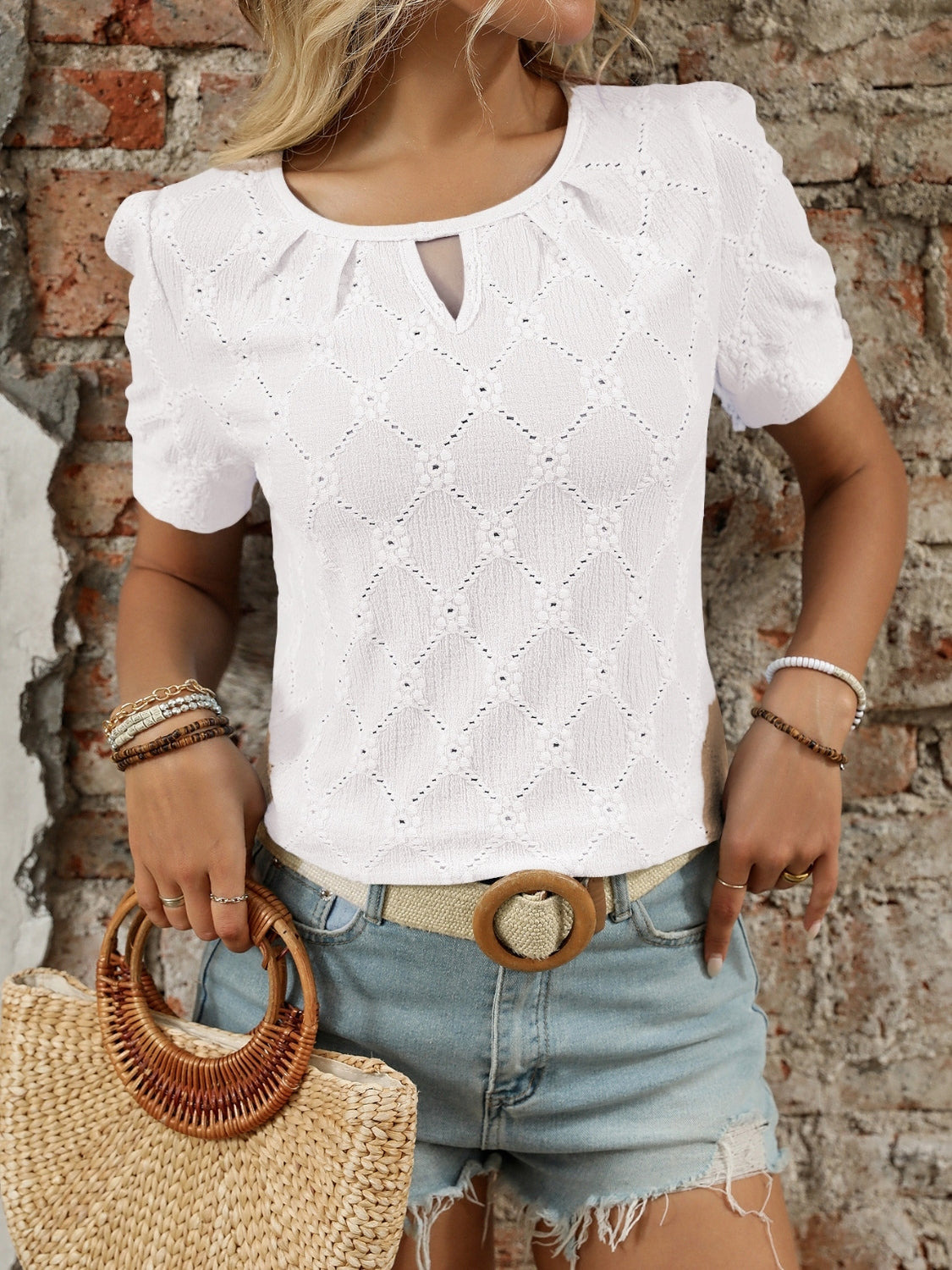 Eyelet Round Neck Short Sleeve Top White OutfitFlow