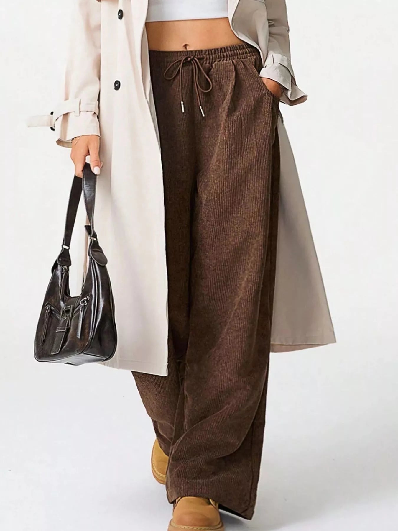 Wide Leg Corduroy Drawstring Pants Brown OutfitFlow