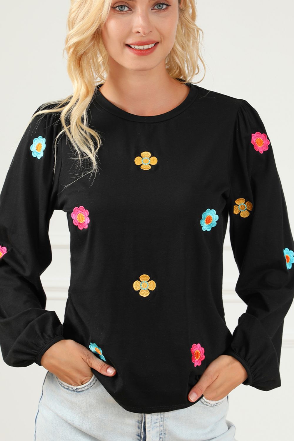 Outfit Flow - Flower Round Neck Long Sleeve Sweater