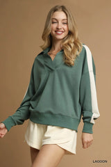 Umgee Contrast Long Sleeve Sweatshirt with Collar OutfitFlow