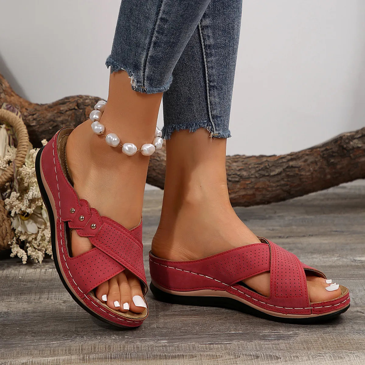 Crisscross Open Toe Wedge Sandals Red OutfitFlow