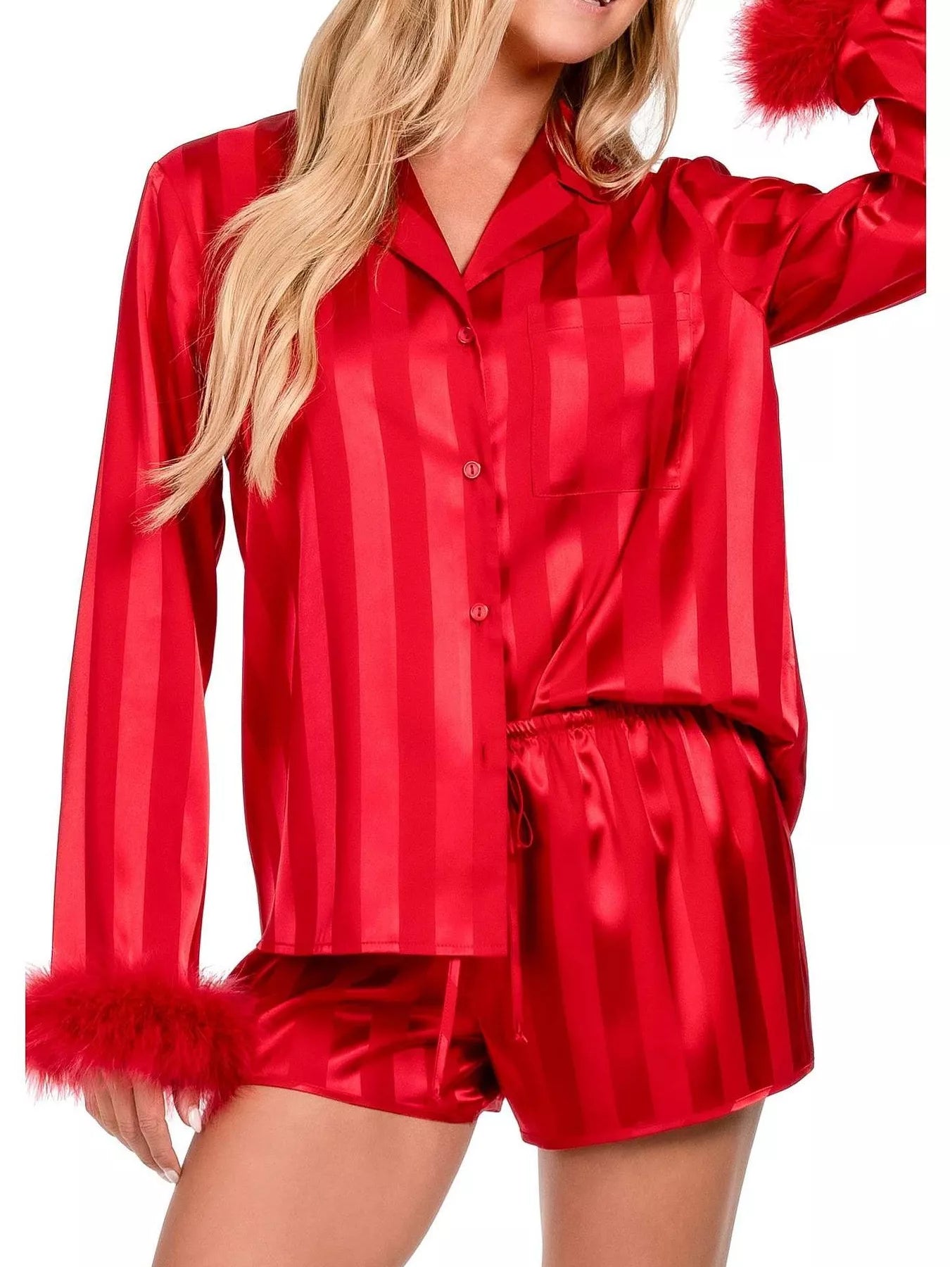 Striped Feather Trim Shirt and Shorts Lounge Set OutfitFlow