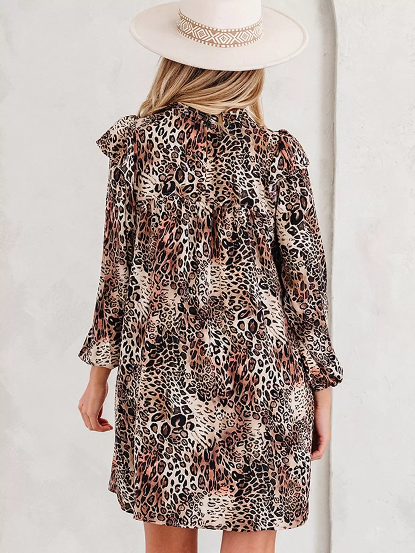 Leopard Ruffled Detail Long Sleeve Loose Mini Dress OutfitFlow