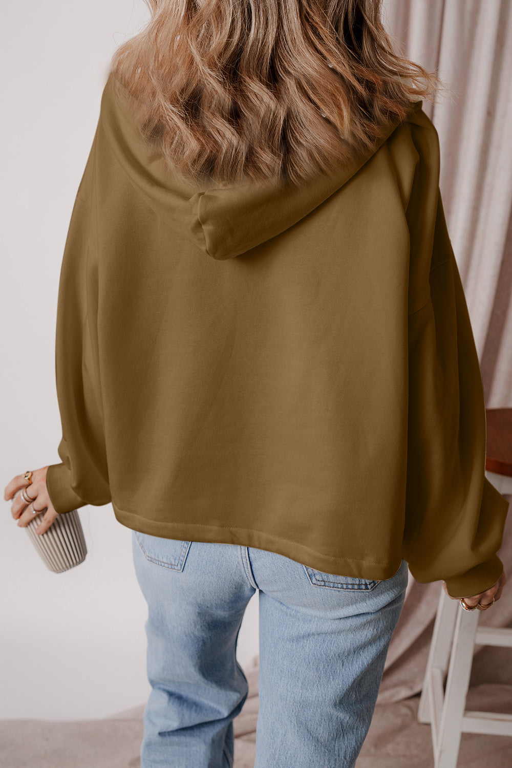Pocketed Half Zip Dropped Shoulder Hoodie OutfitFlow