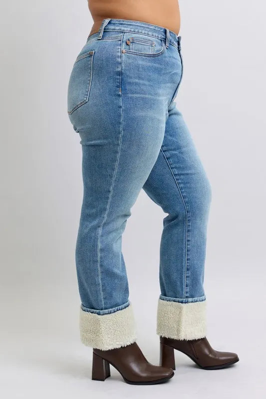 Judy Blue Full Size High Waist Shearling Cuff Straight Plus Size OutfitFlow