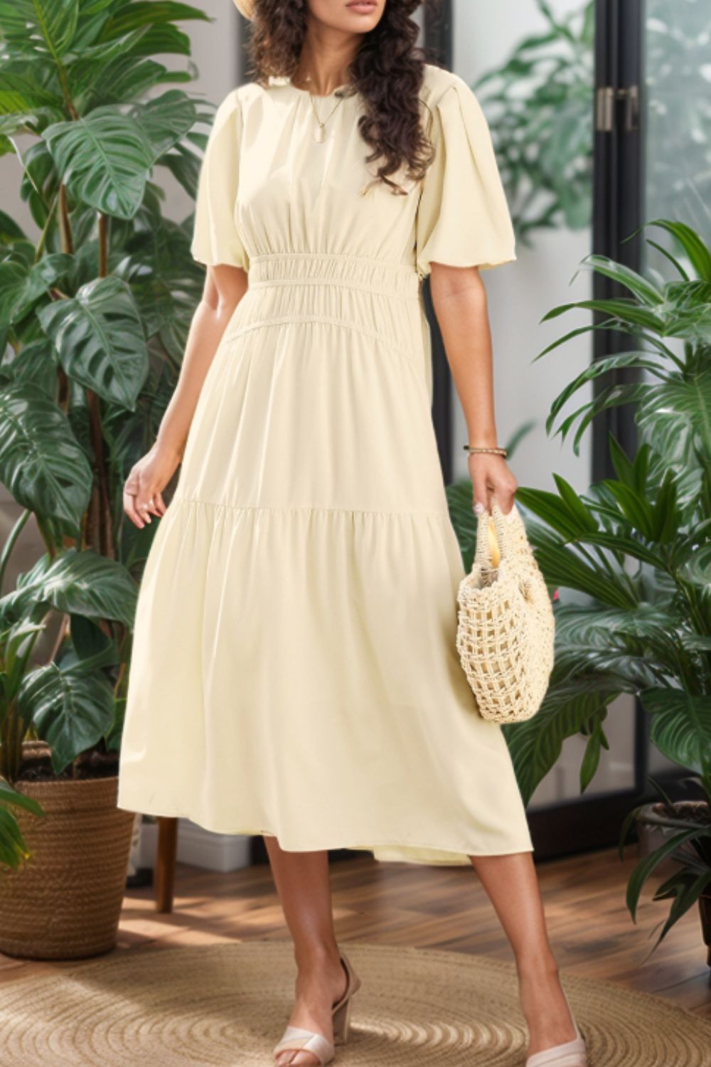 Puff Sleeve Pleated High Waist Flowy Midi Dress Cream OutfitFlow