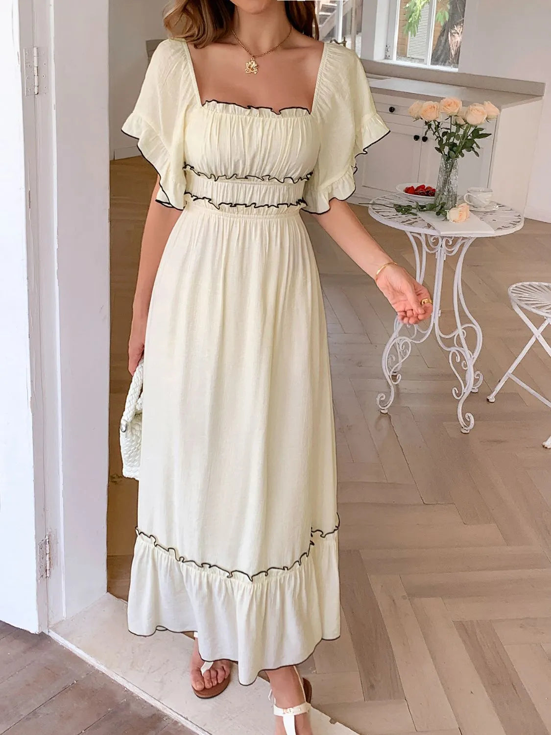 Square Neck Puff Sleeve Ruffle Trim Maxi Dress OutfitFlow