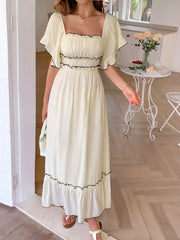 Square Neck Puff Sleeve Ruffle Trim Maxi Dress OutfitFlow