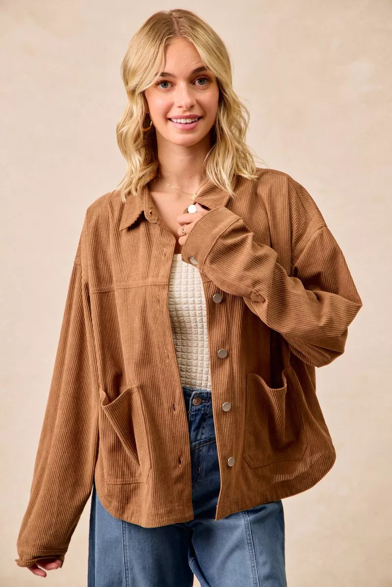 BiBi Corduroy Relaxed Fit Shacket with Back Pleat CAMEL OutfitFlow
