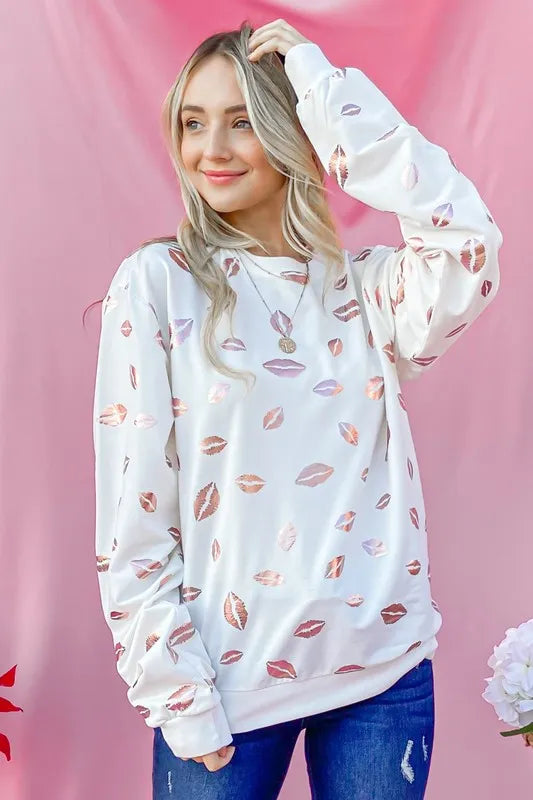 And The Why Kiss Pink Foil Allover Print Pullover Sweatshirts OutfitFlow