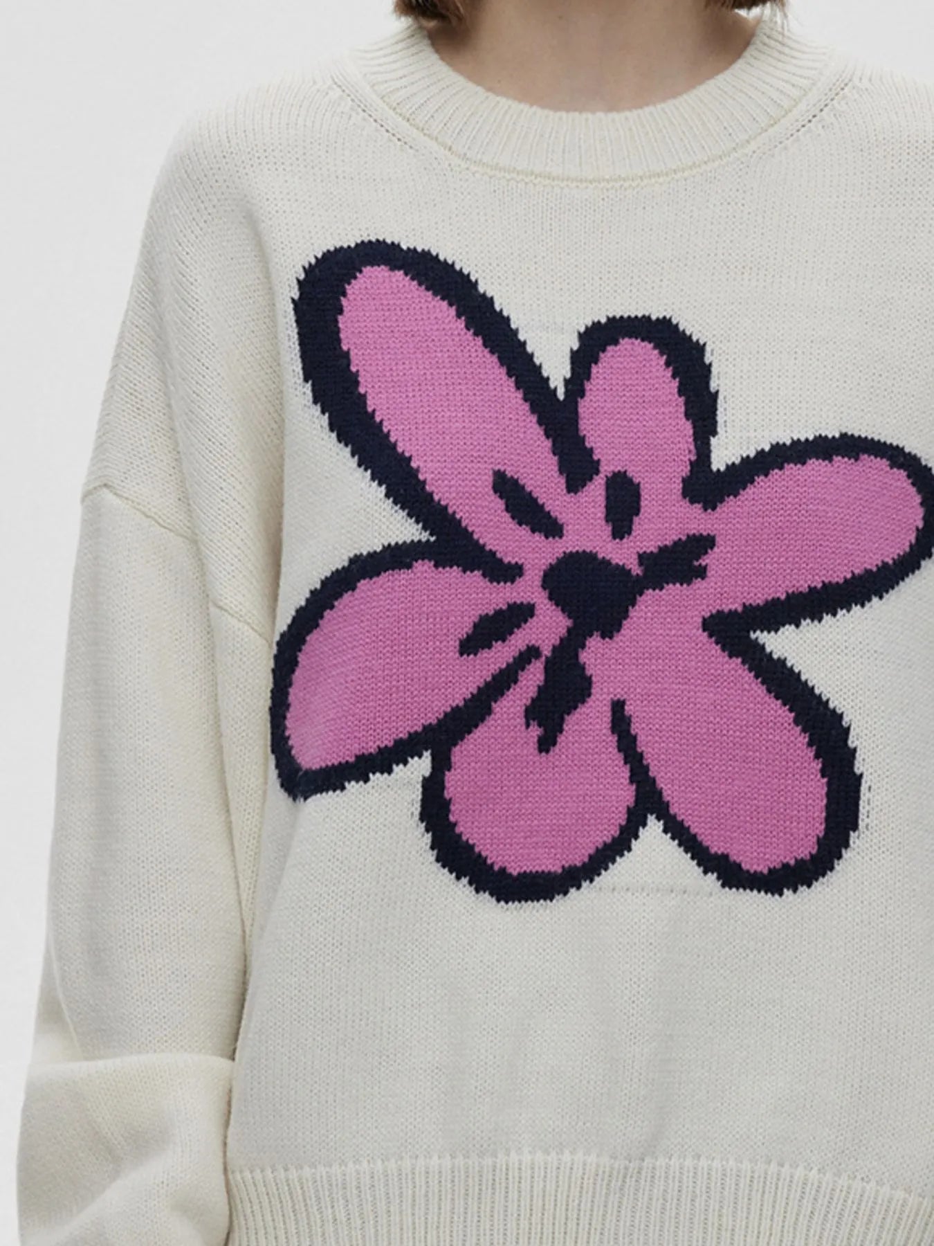 Flower Ribbed Hem Round Neck Sweater OutfitFlow