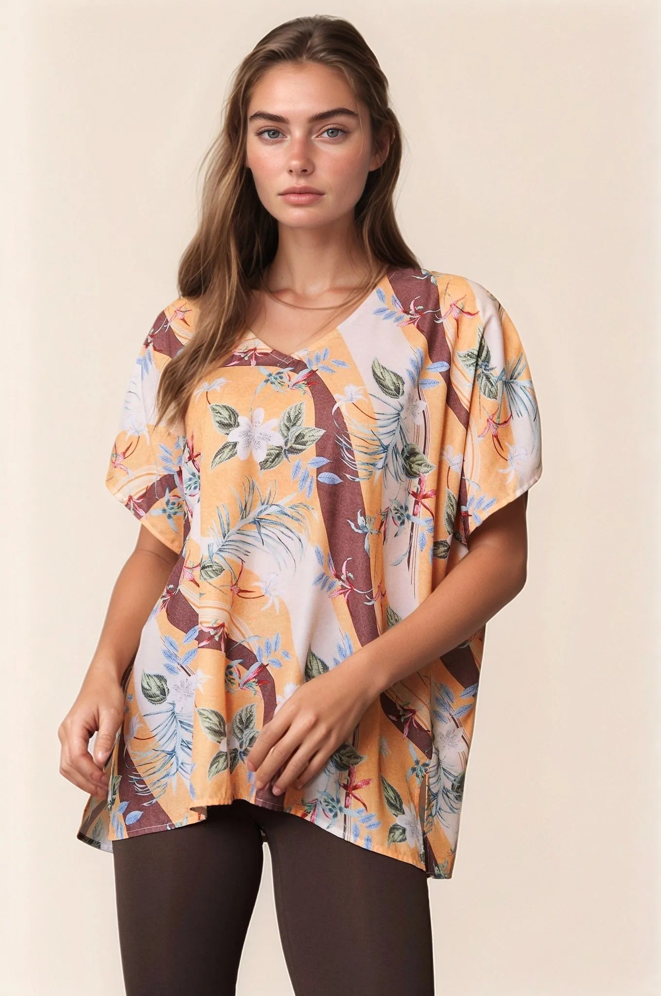 Davi & Dani Floral Printed V Neck Short Sleeve Loose Fit Top BANANA OutfitFlow