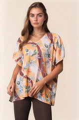 Davi & Dani Floral Printed V Neck Short Sleeve Loose Fit Top BANANA OutfitFlow