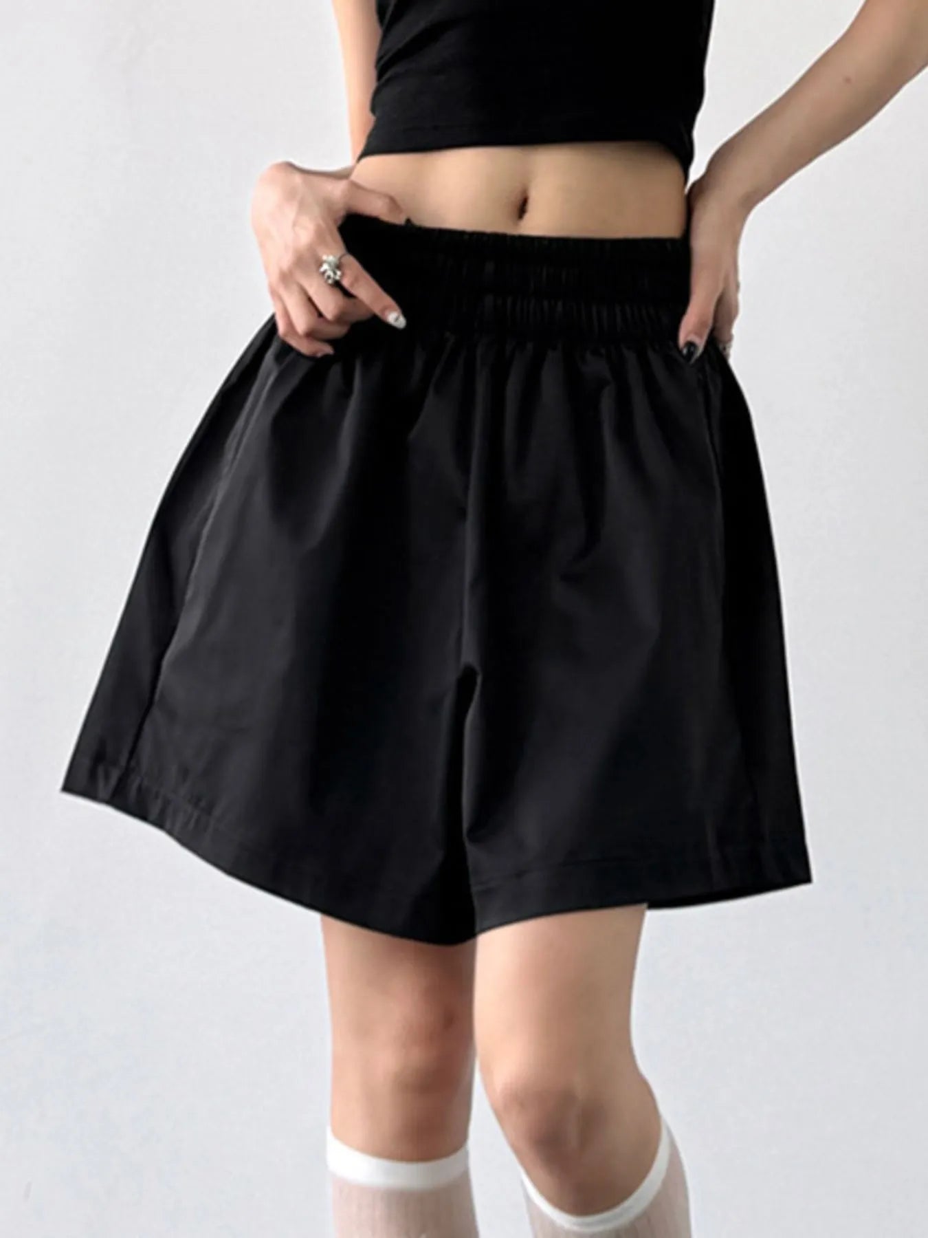 Smocked Wide-Leg Shorts Black OutfitFlow