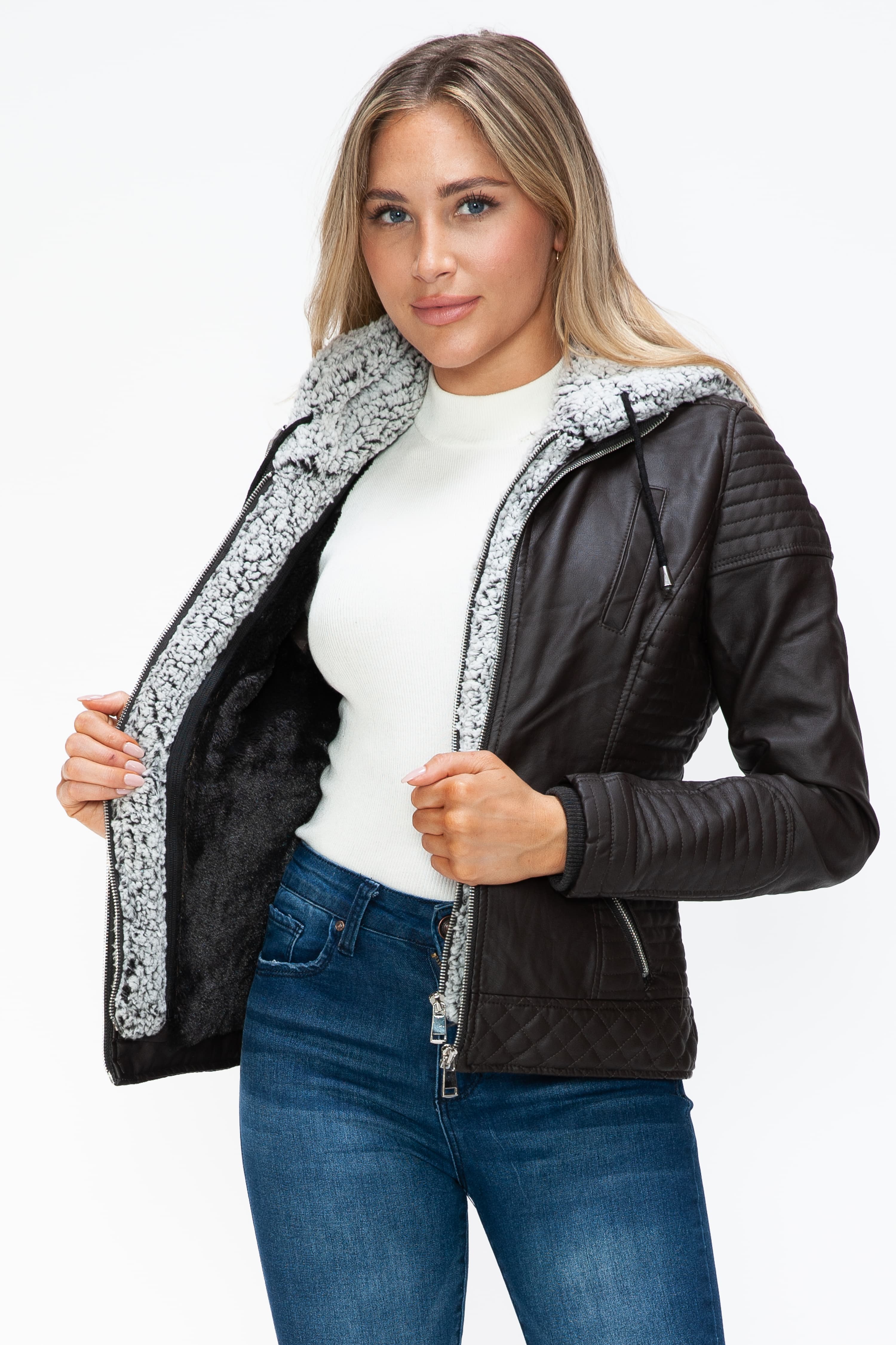 Outfit Flow - YMI Faux Layered Double-Zipper Jacket with Fuzzy Hood