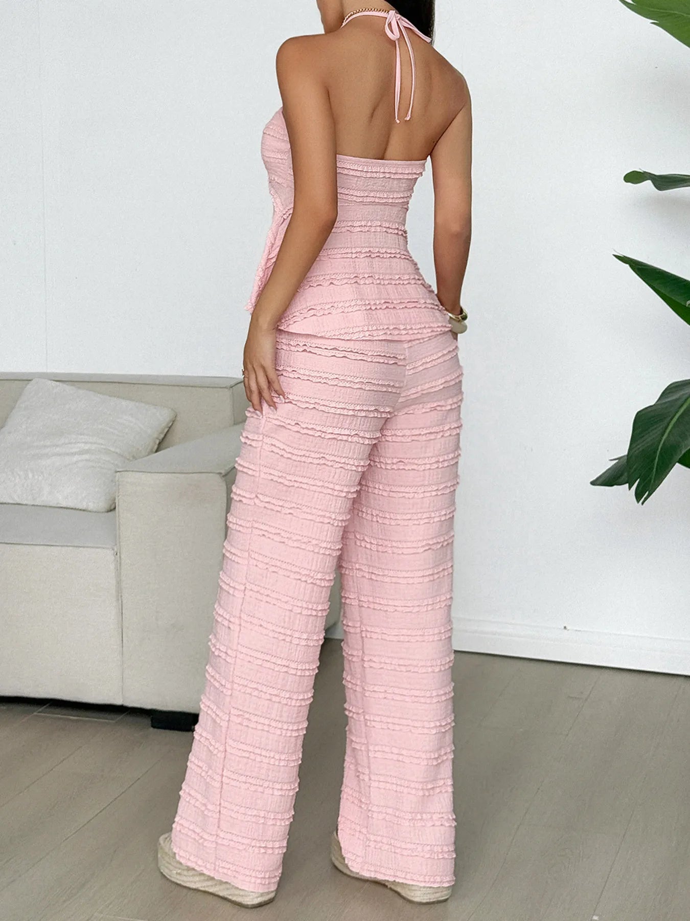 Textured Halter Neck Cami and Pants Two-Piece Set OutfitFlow