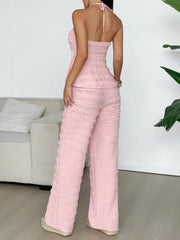 Textured Halter Neck Cami and Pants Two-Piece Set OutfitFlow