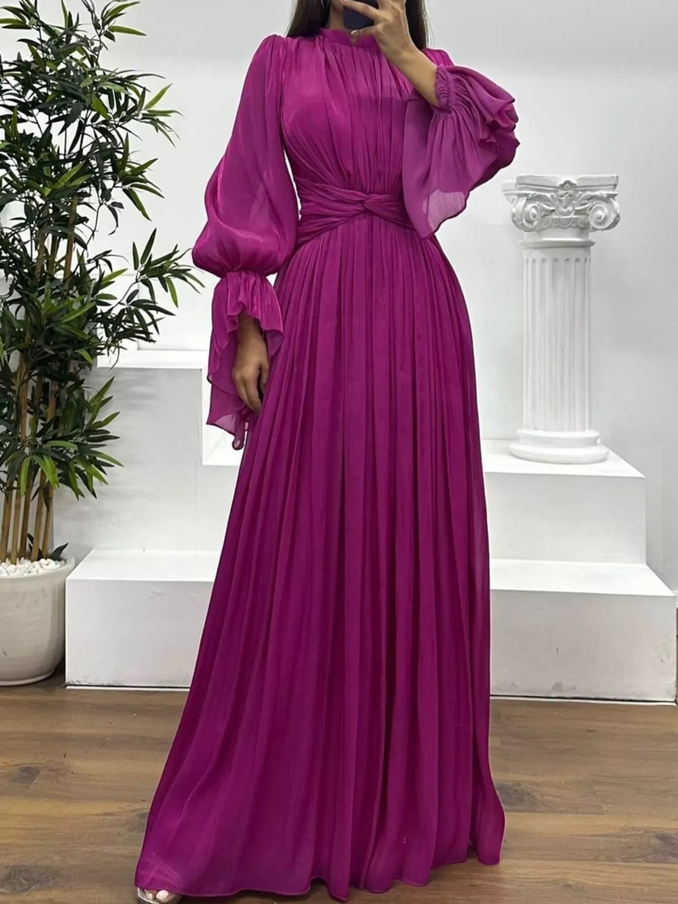 Pleated Mock Neck Long Sleeve Maxi Dress OutfitFlow