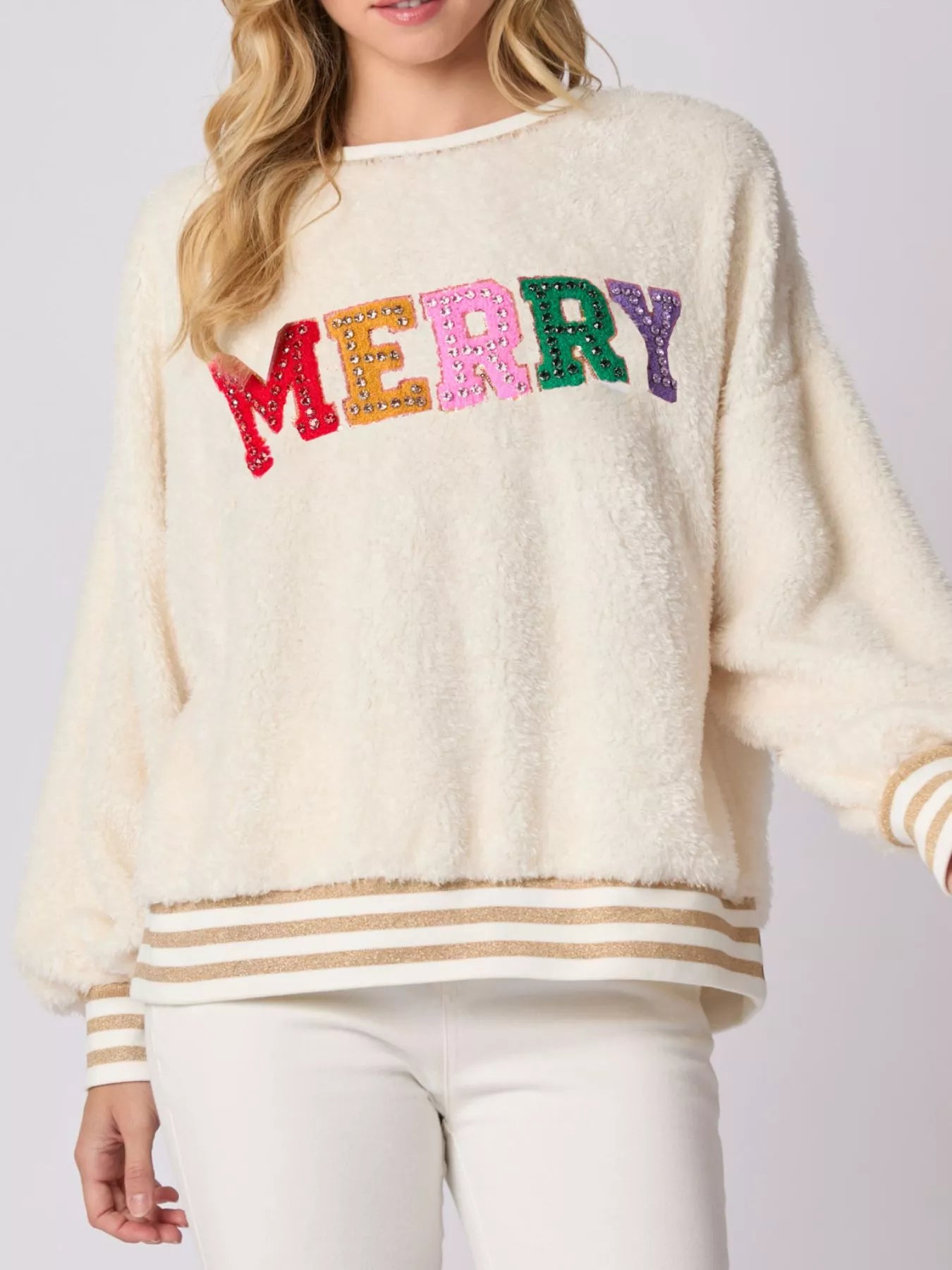 Rhinestone Merry Christmas Round Neck Sweatshirt Ivory OutfitFlow