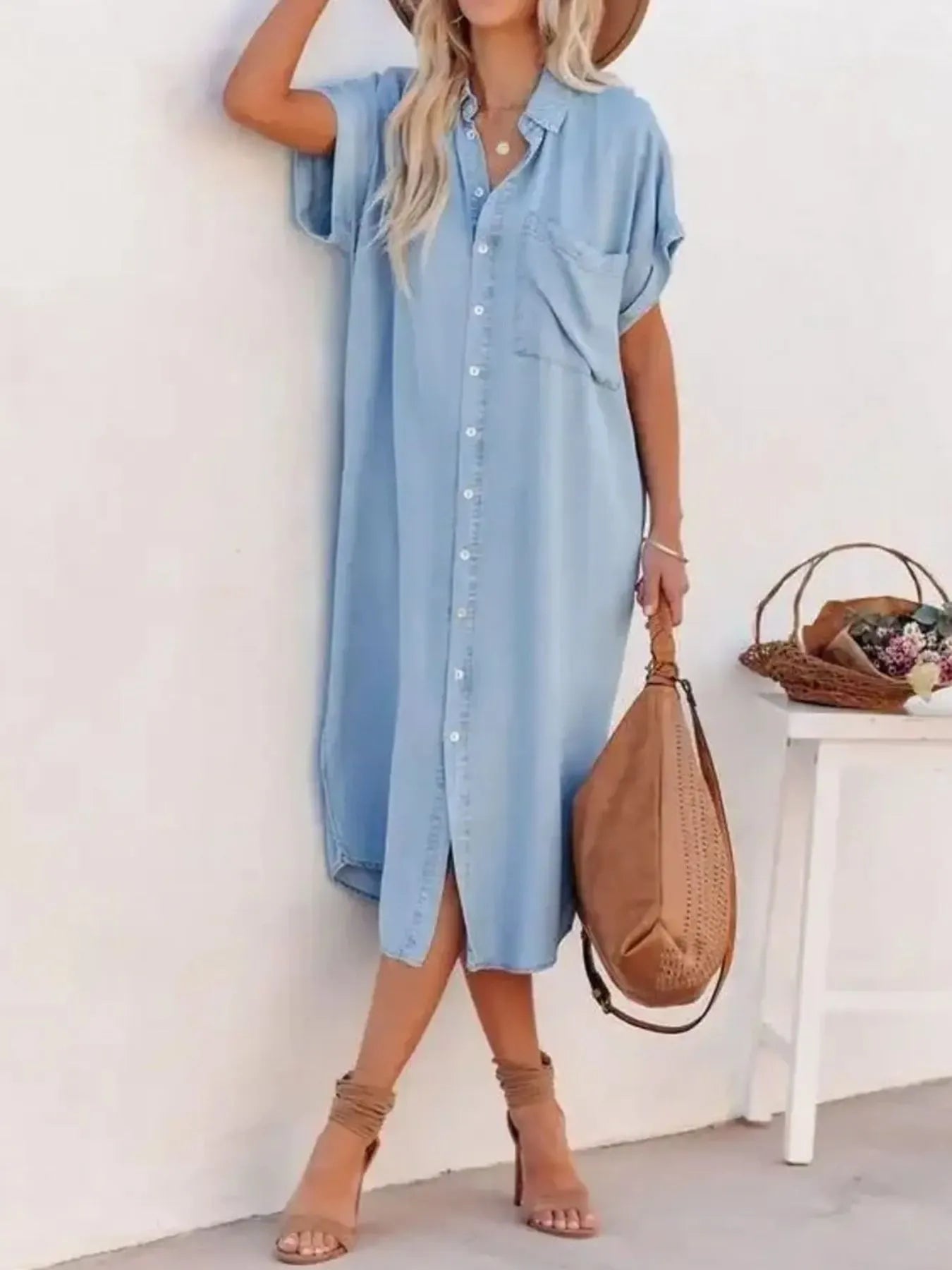 Button Down Denim Midi Shirt Dress OutfitFlow