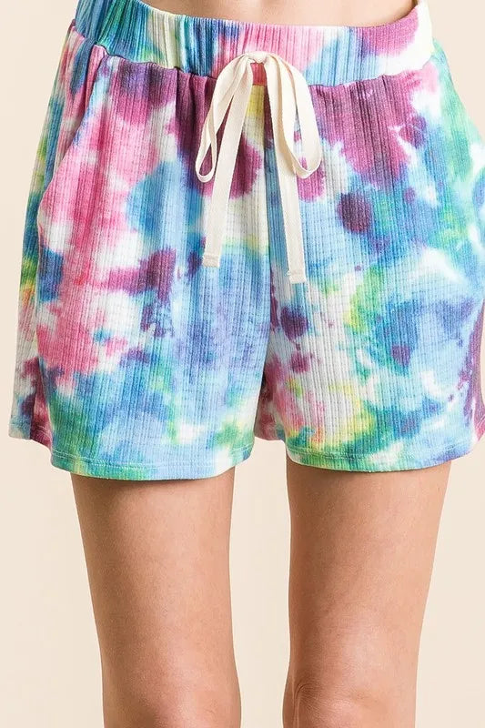 BiBi Tie Dye French Terry Casual Shorts BLUE MULTI OutfitFlow