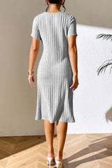 Ivy Lane Ribbed Asymmetrical Neck Short Sleeve Dress OutfitFlow