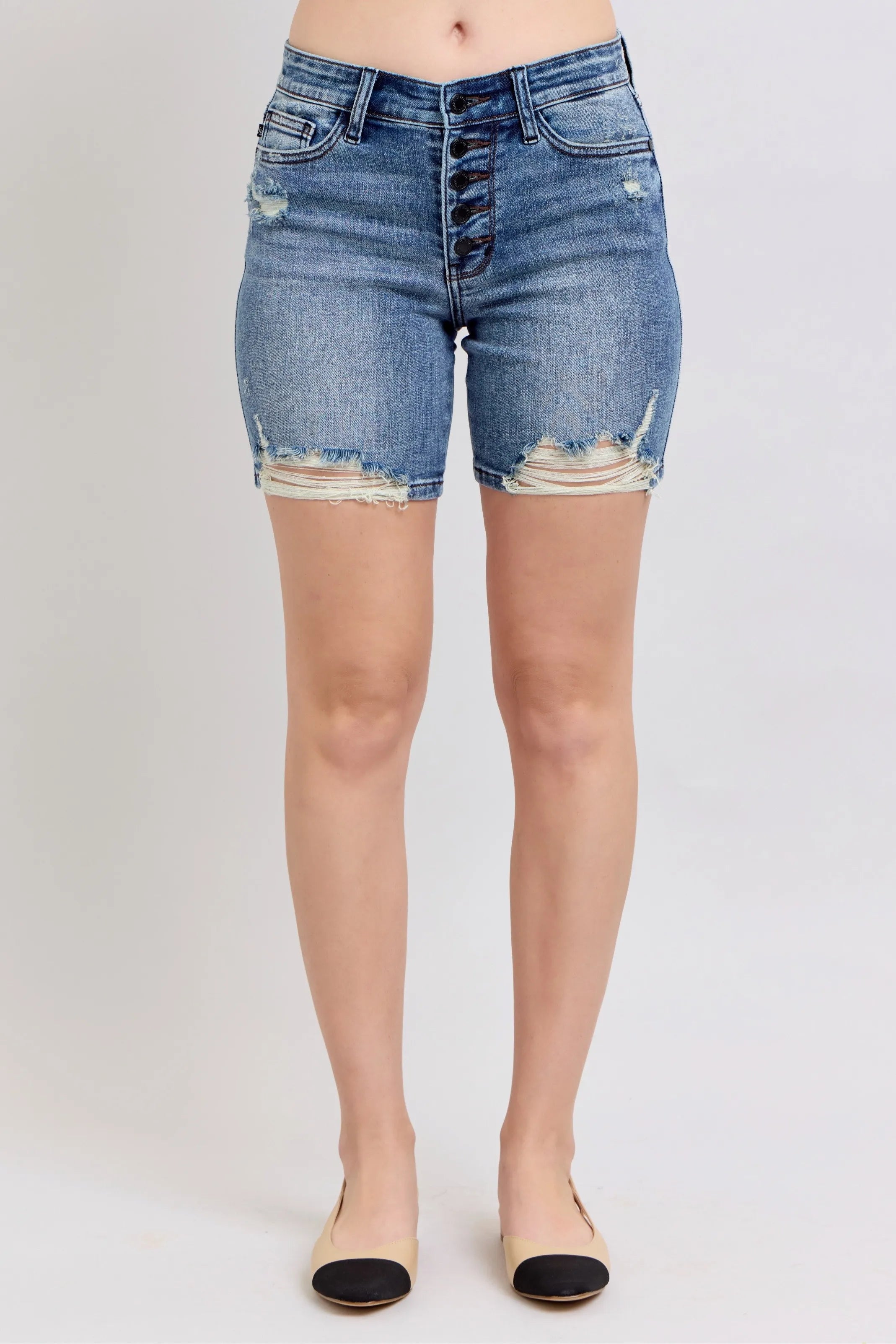 Judy Blue Button Fly Mid Length Denim Shorts W/ Destroy OutfitFlow