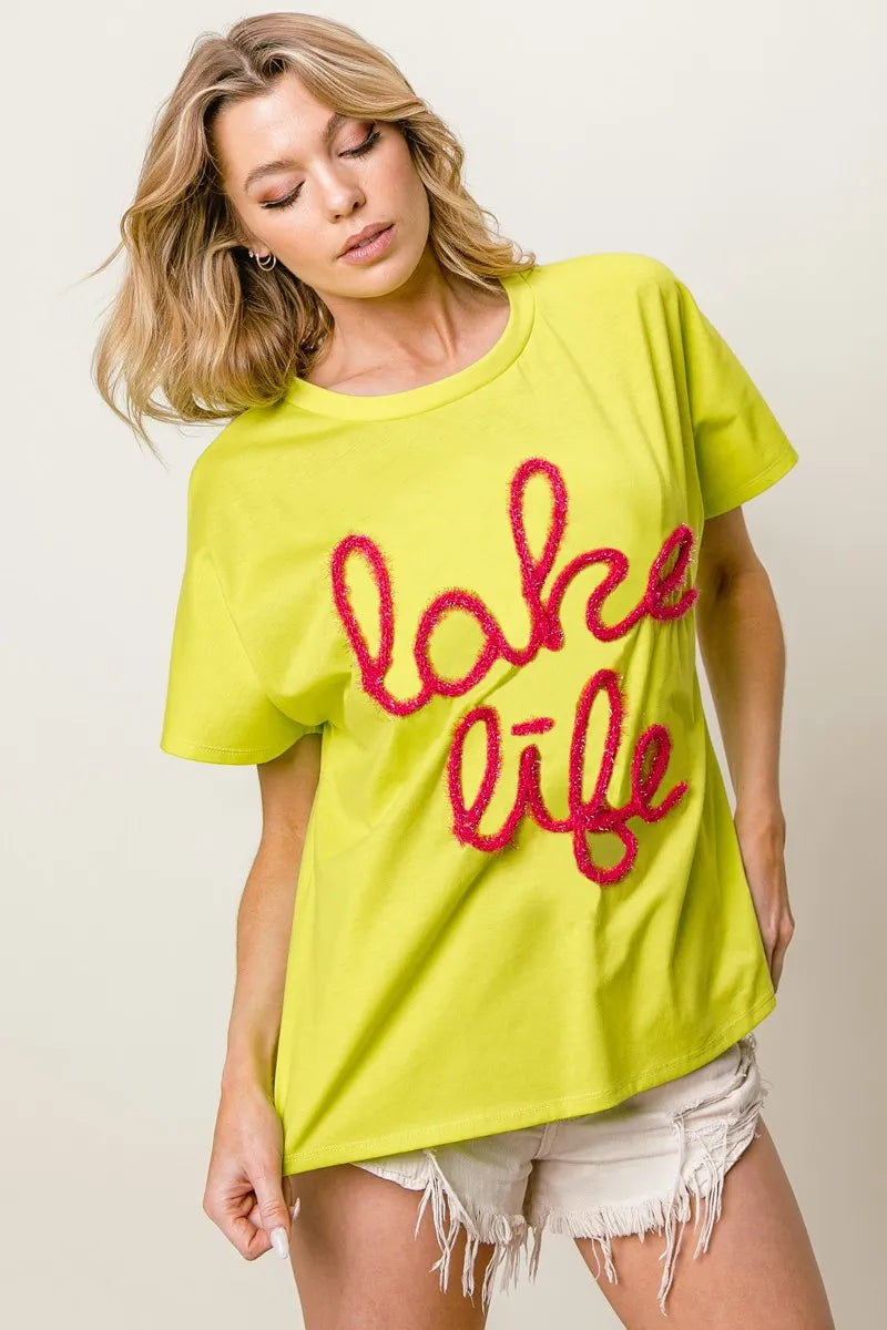 BiBi Metallic Letter Short Dolman Sleeve Top OutfitFlow
