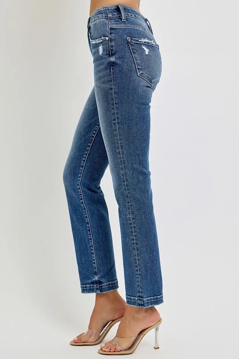RISEN Full Size Tummy Control Elastic Band Mid Rise Straight Jeans Plus Size OutfitFlow