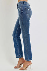 RISEN Full Size Tummy Control Elastic Band Mid Rise Straight Jeans Plus Size OutfitFlow