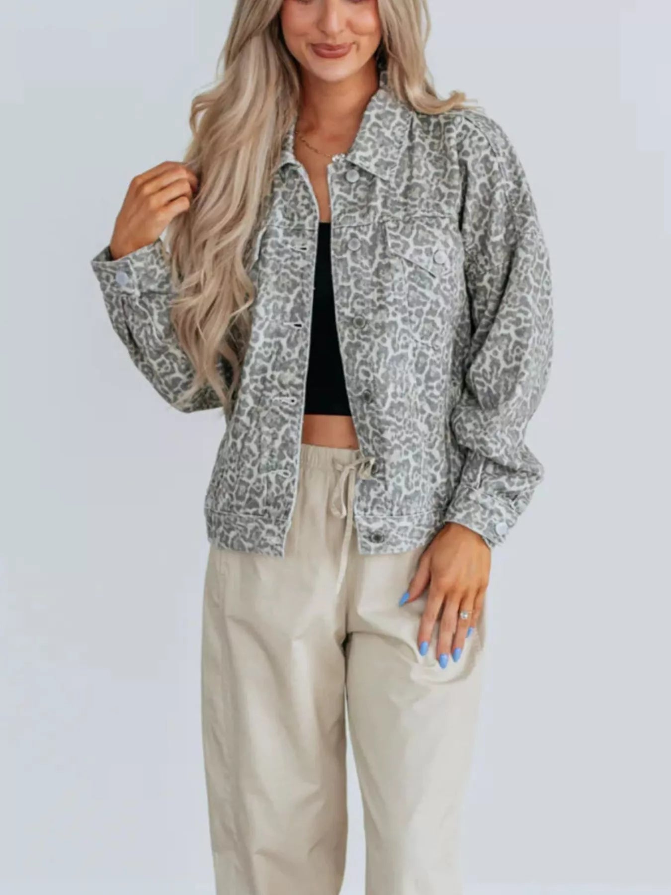 Leopard Button Up Denim Jacket OutfitFlow
