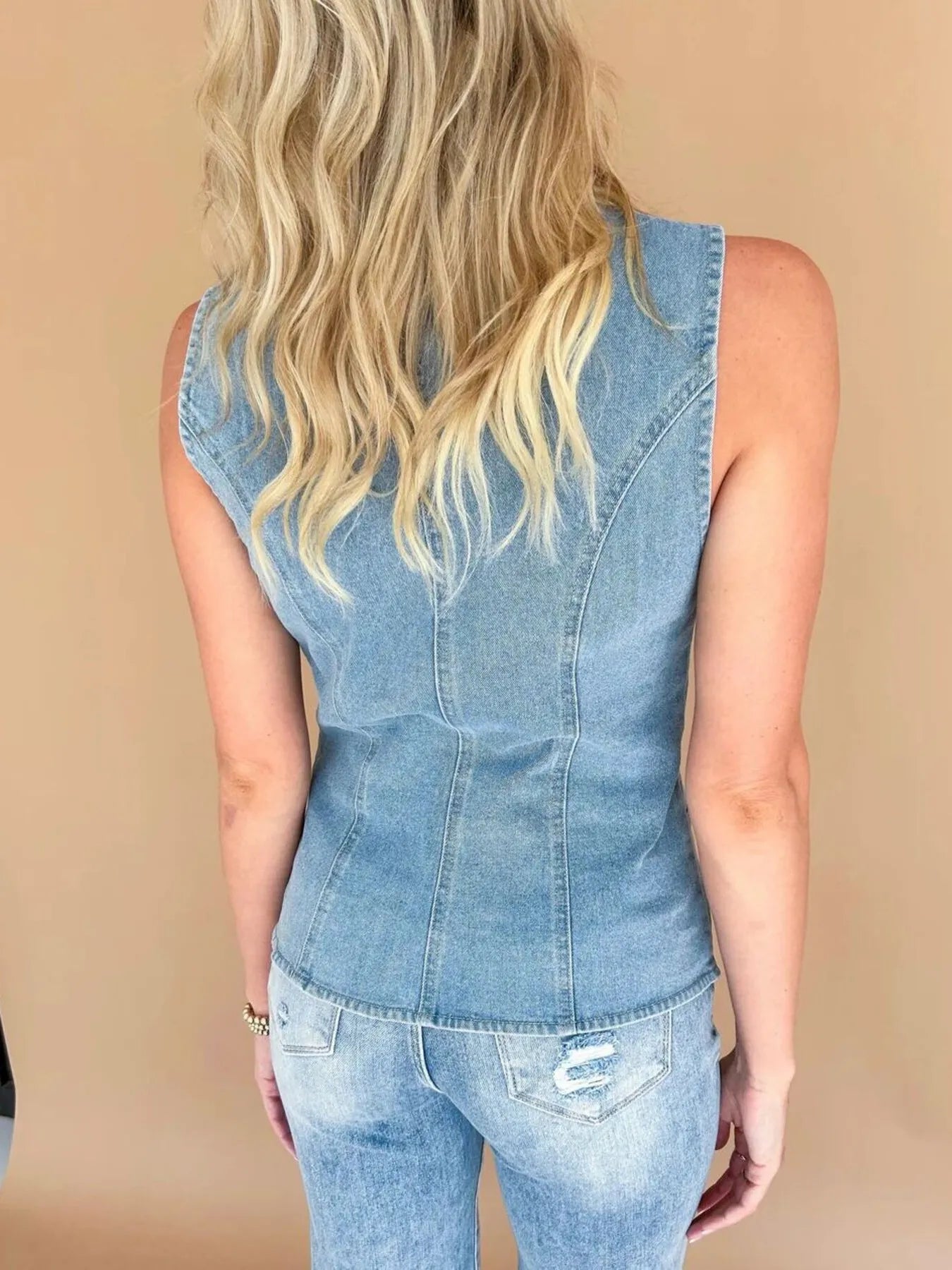 Sleeveless Button-Front Denim Vest OutfitFlow