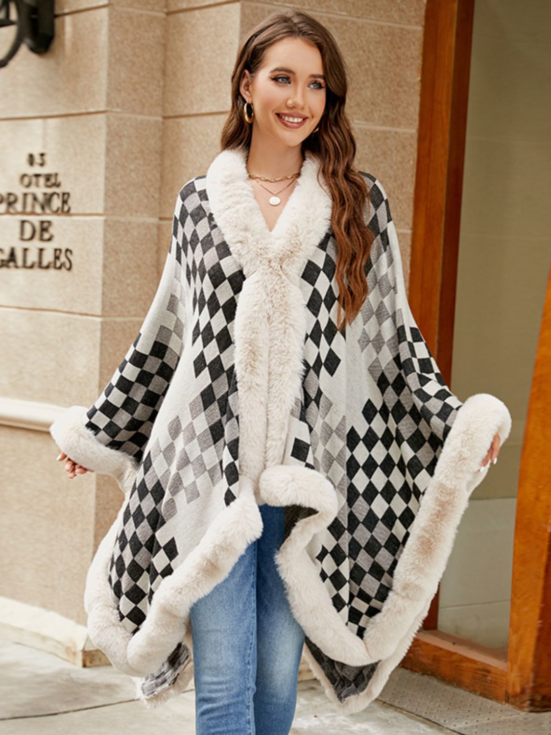 Outfit Flow - Fuzzy Checkered Long Sleeve Poncho