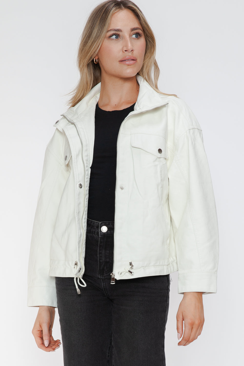 Outfit Flow - How Dare U Drawstring Hem PU Leather Zip Up Jacket