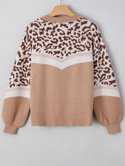 Leopard Color Block Knit Round Neck Baggy Sweater OutfitFlow