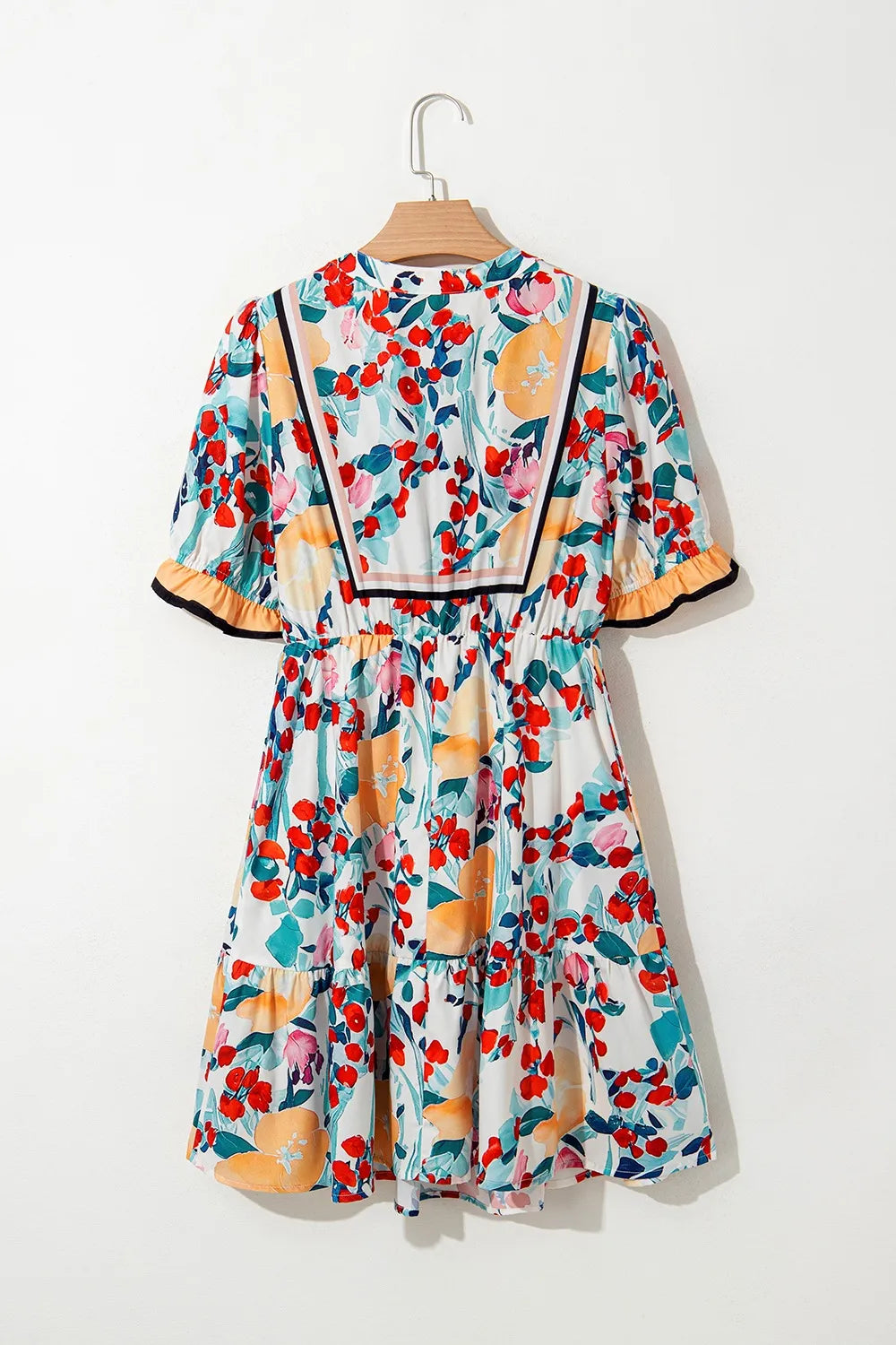 Floral Print Zipper Ruffled Short Sleeve High Waist Mini Dress OutfitFlow