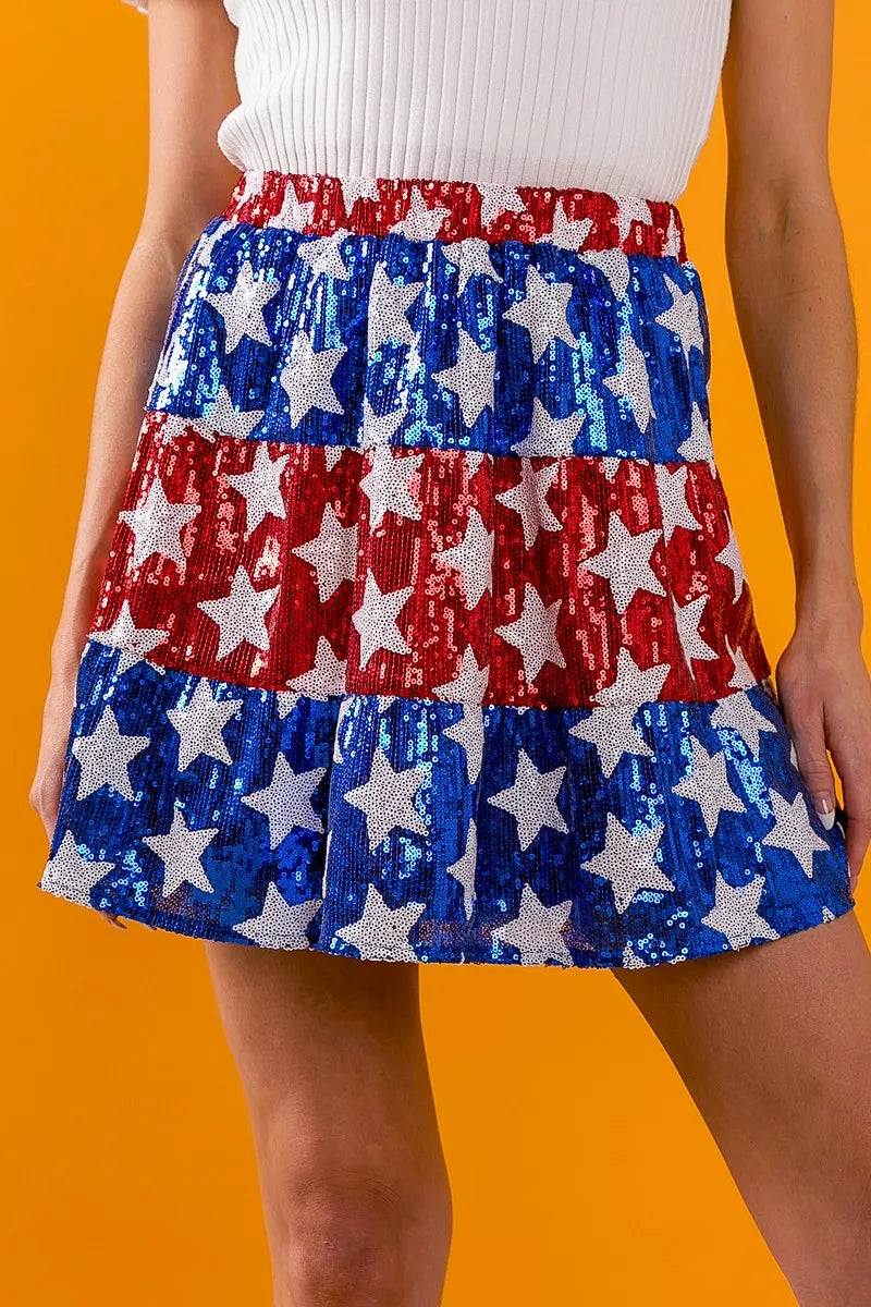 BiBi American Flag Theme Star Sequin Tiered Skirt OutfitFlow
